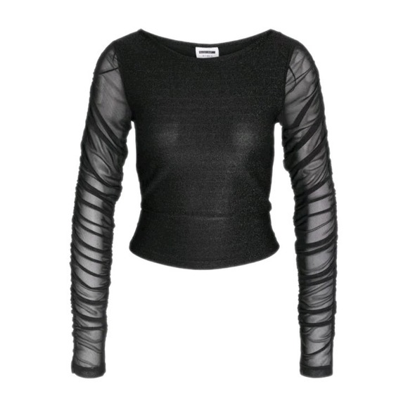 Noisy may Tops - Noisy May Black Sheer Sleeve Long Sleeve Top Small Metallic Cropped Blouse Shiny